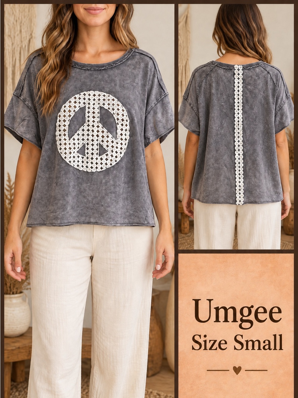 Umgee Gray Short Sleeve Top with Crochet Peace Sign
